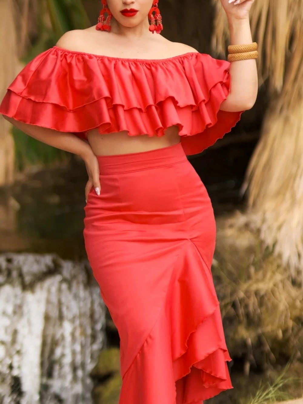 Vintage Vandalizm Celia Set Salsa Medium Ruffled Cropped Red